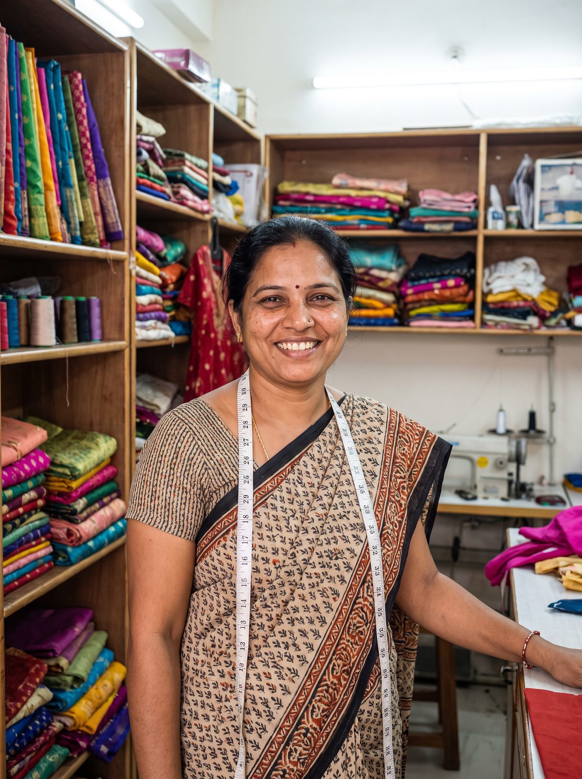 A boutique owner standing among colourful fabrics in her tailoring shop
