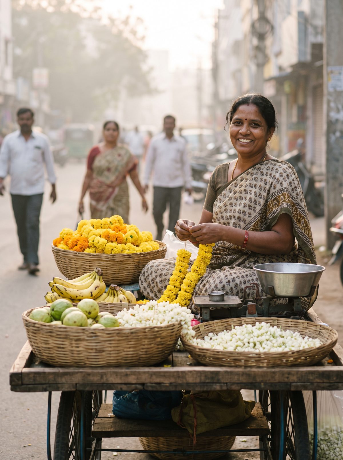 A flower and fruit seller stringing a marigold garland at her cart