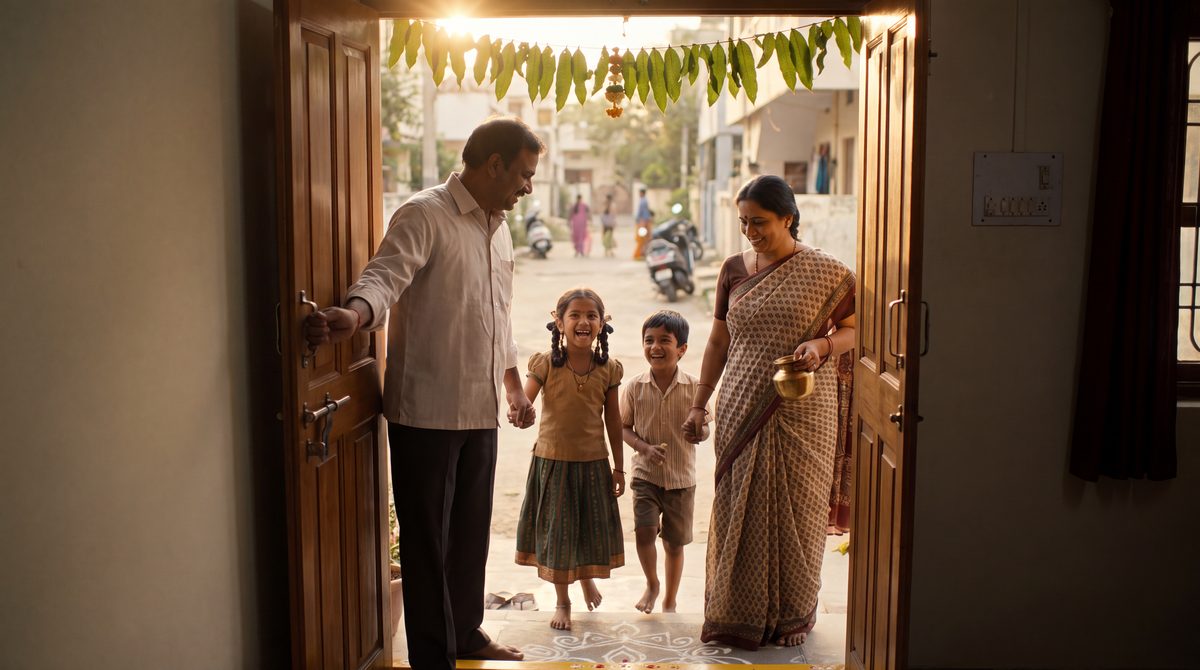 A family stepping into their new home under a mango-leaf thoranam