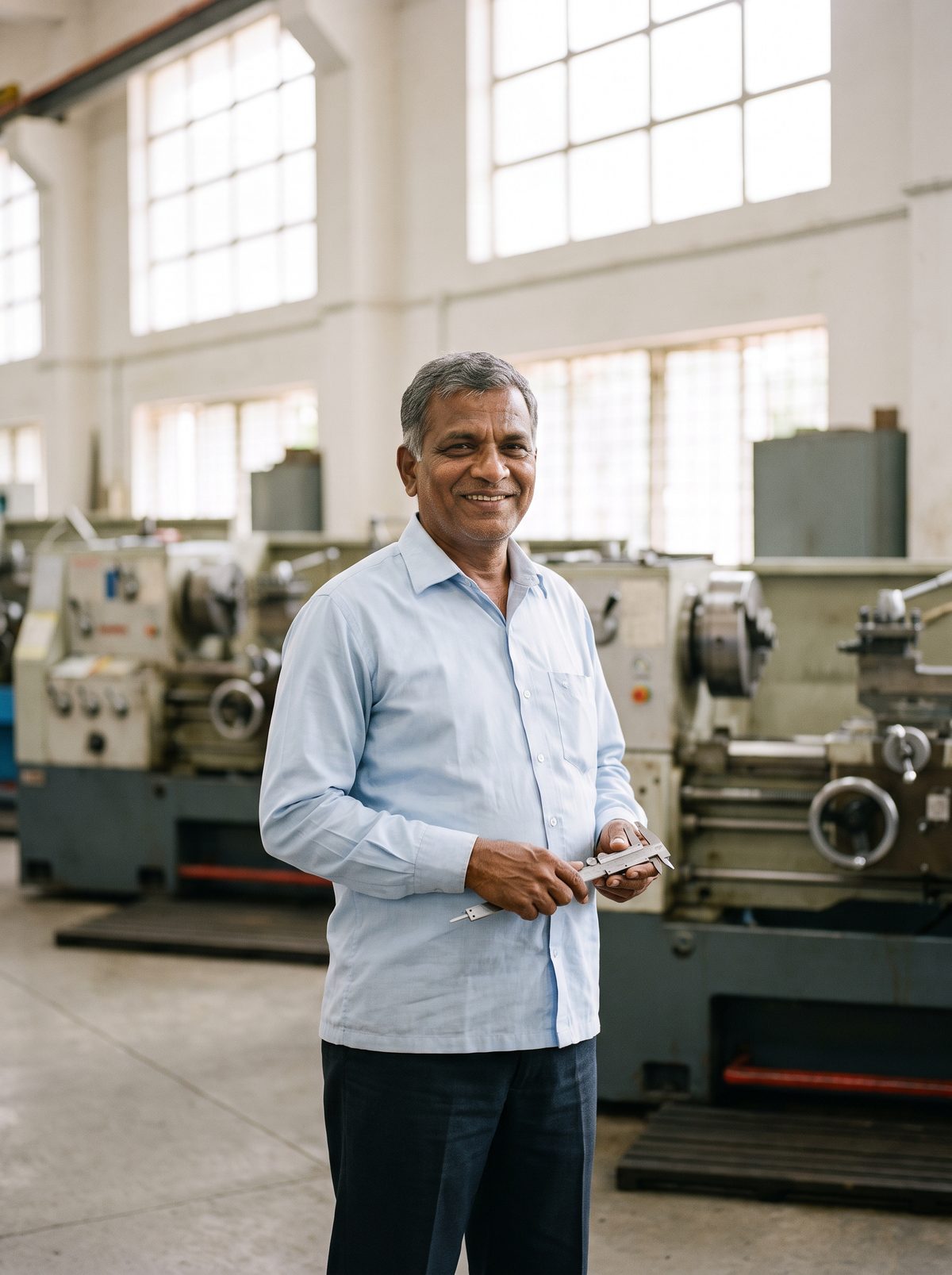 The owner of a small engineering unit standing on his workshop floor