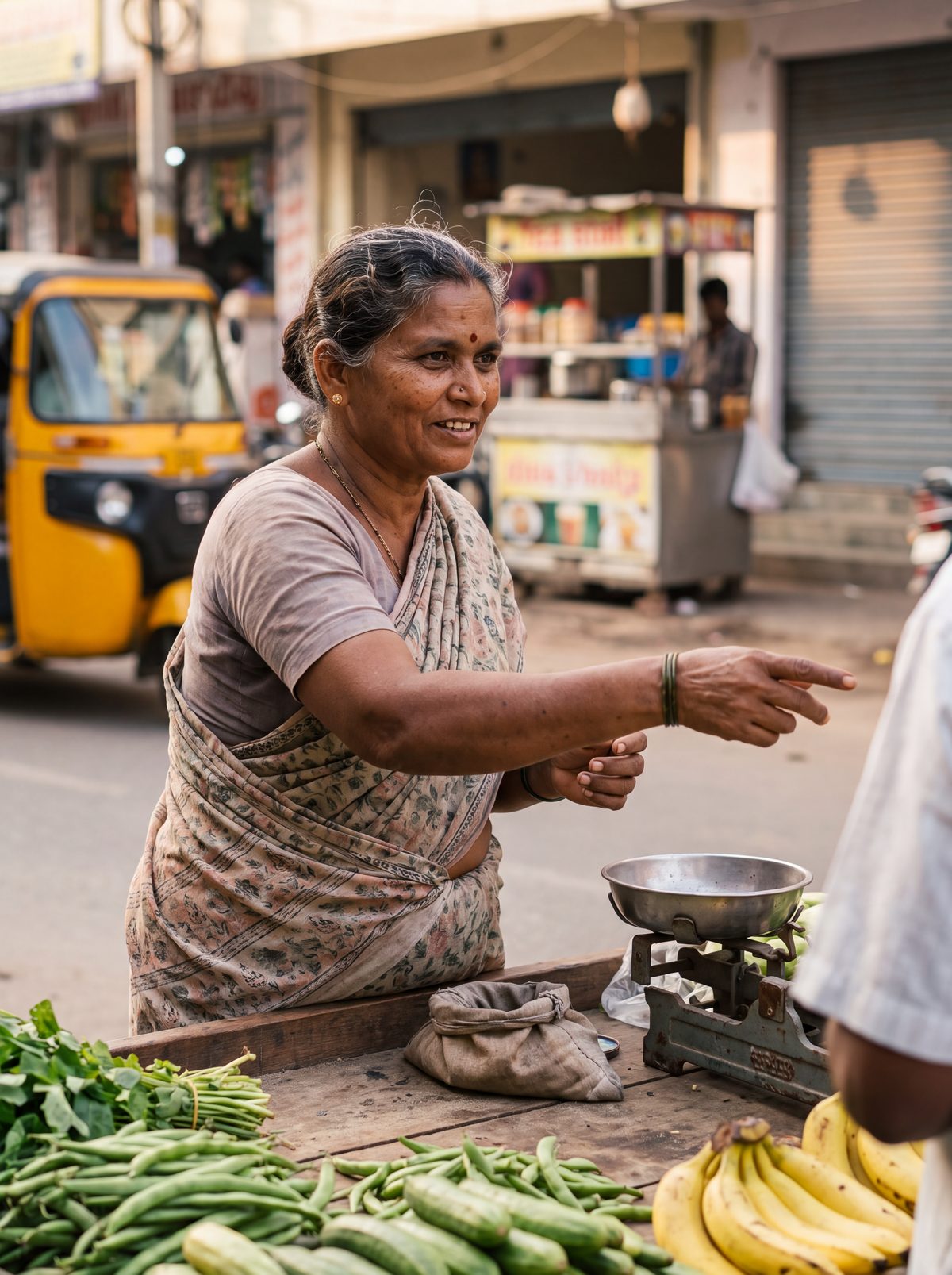 A vegetable seller at her pushcart on a Hyderabad roadside, talking to a customer
