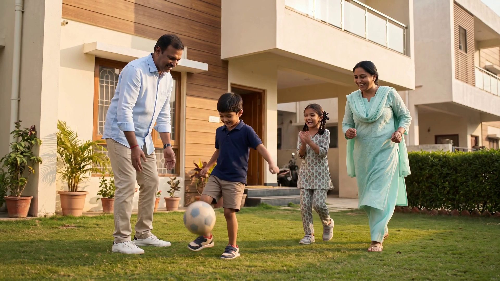 A family playing football together on the lawn in front of their home